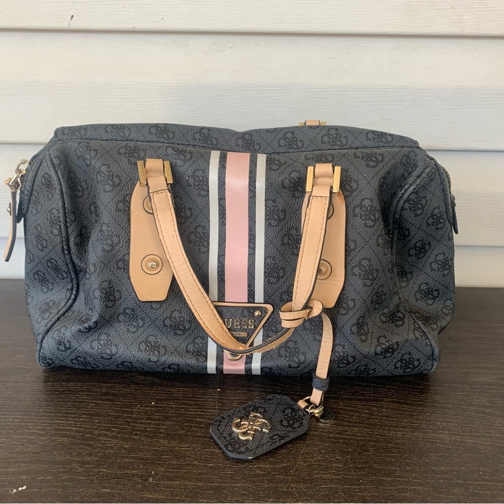 GUESS Logo Sport Large Box Satchel Bag Coal Black Beige SI503407